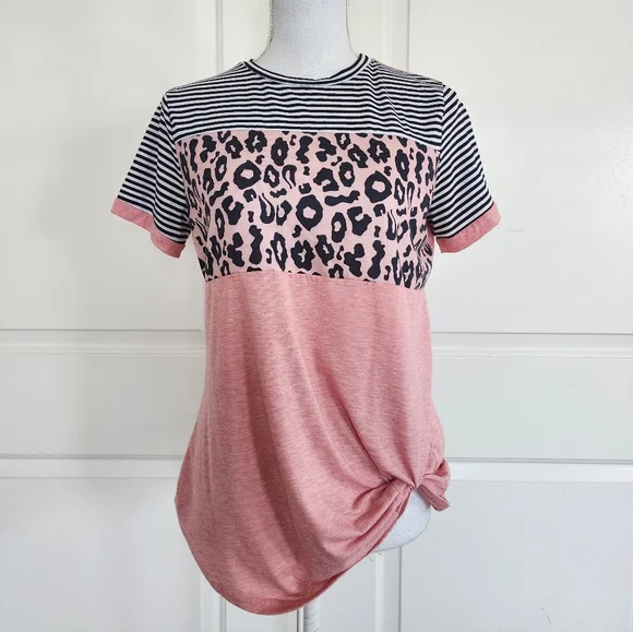 Pink and Black Leopard Print Twisted Hem Women's Top - Picture 1 of 6